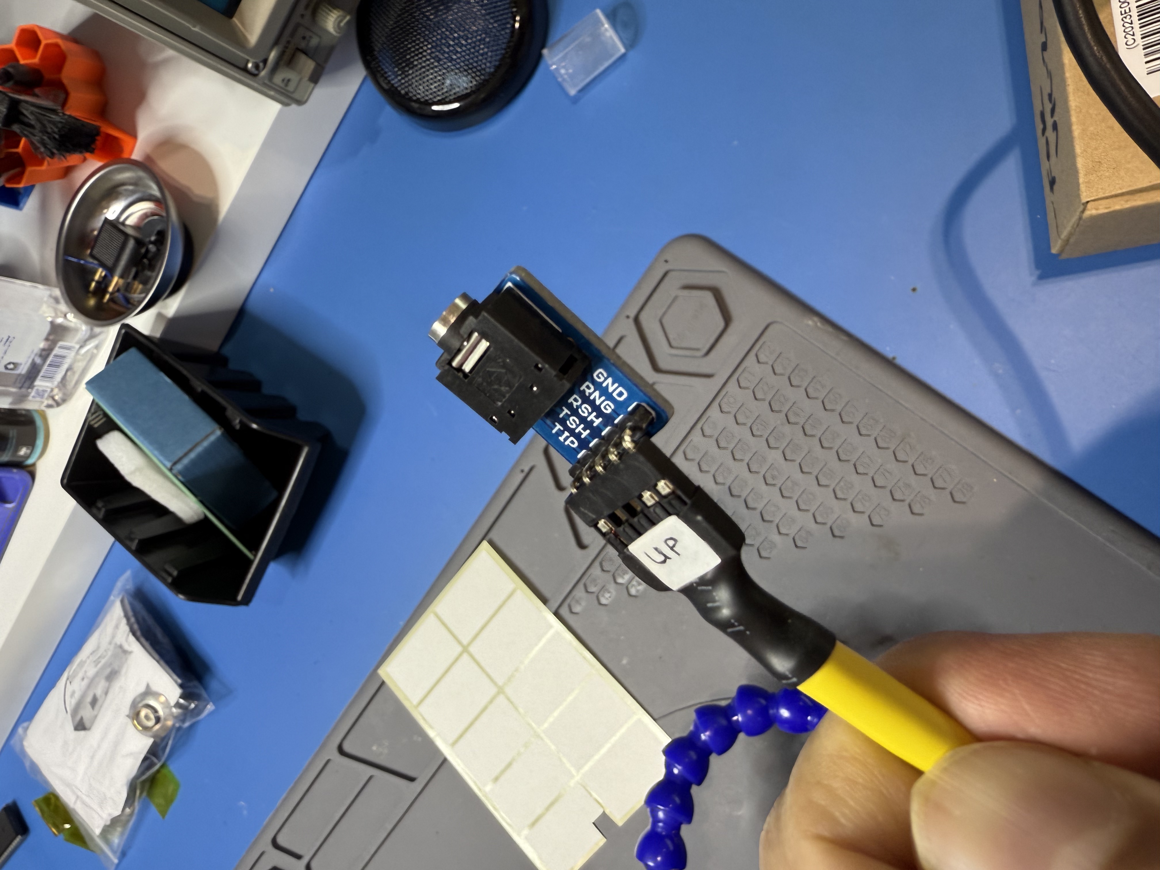 The Dupont harness plugged into the soldered TRRS plug board.